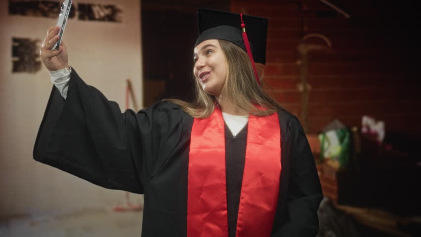 Woman in graduation gown holding smartphone takes a selfie and adjusts tassel in an indoor building during commencement; achievement pride.