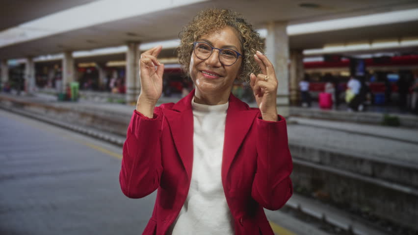 Woman with curly hair and glasses clasping hands at chest on train station platform wearing red jacket and smiling amid blurred commuters and tracks; gratitude hope.