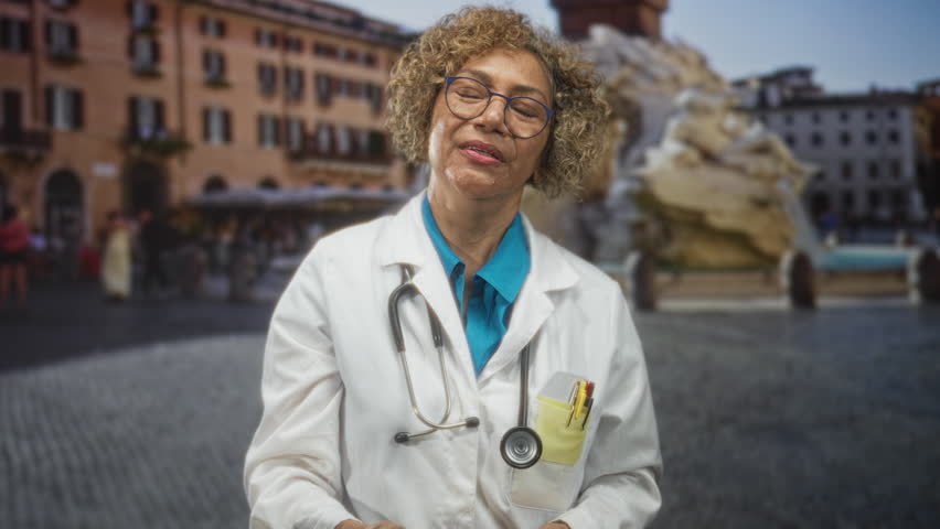 Woman doctor wearing white coat with stethoscope and pocket pens, gesturing with hand in street piazza near fountain; compassion trust.