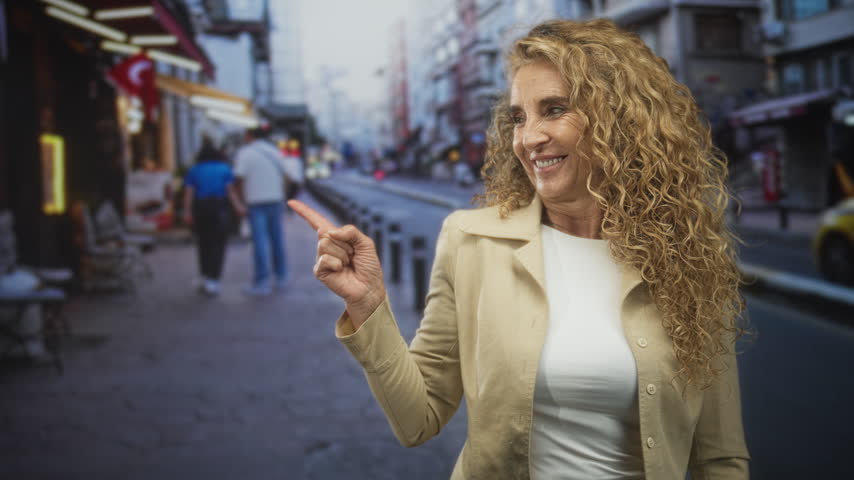 Woman with curly blonde hair points finger toward shop on a downtown street, wearing beige jacket and smiling near a taxi lined sidewalk; warmth curiosity.