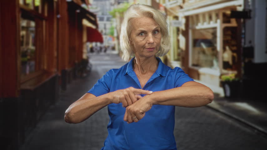 Woman points finger to wrist on a narrow urban street outside storefronts, wearing a blue polo while checking time and signaling urgency; impatience waiting.