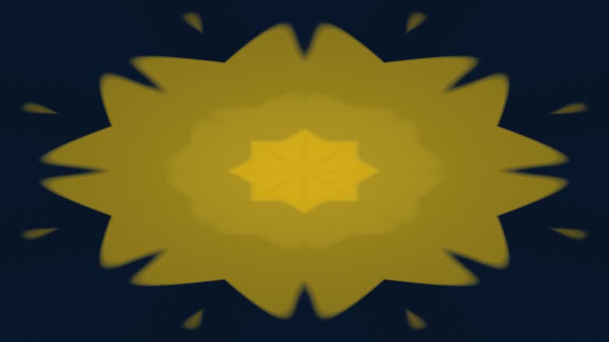 An abstract yellow floral design is centered on a dark blue background, with small yellow fragments scattered around.