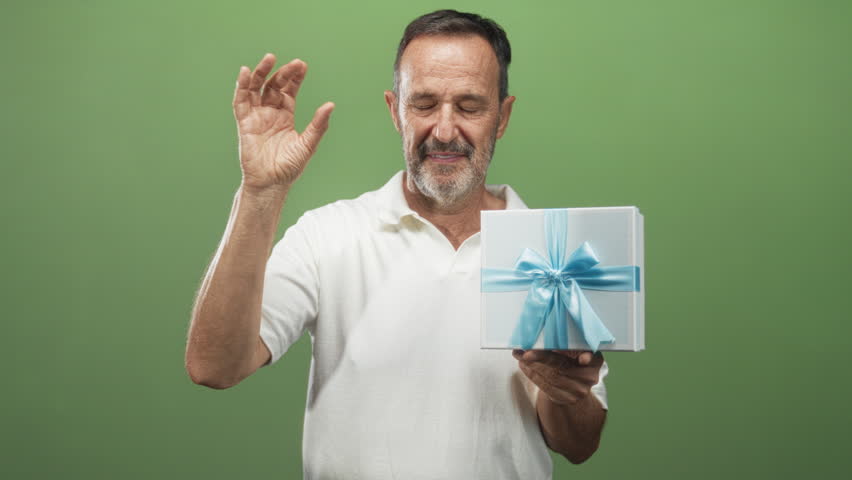 Man holding wrapped gift box and smiling while offering present on a studio set with soft lights and minimal props; surprise giving.
