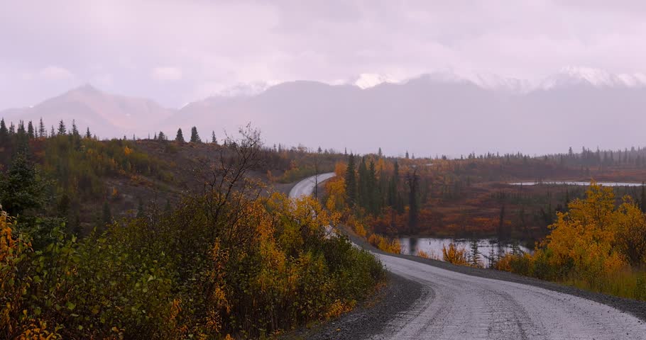 Scenic view of a remote gravel road winding through a colorful fall forest in Alaska.