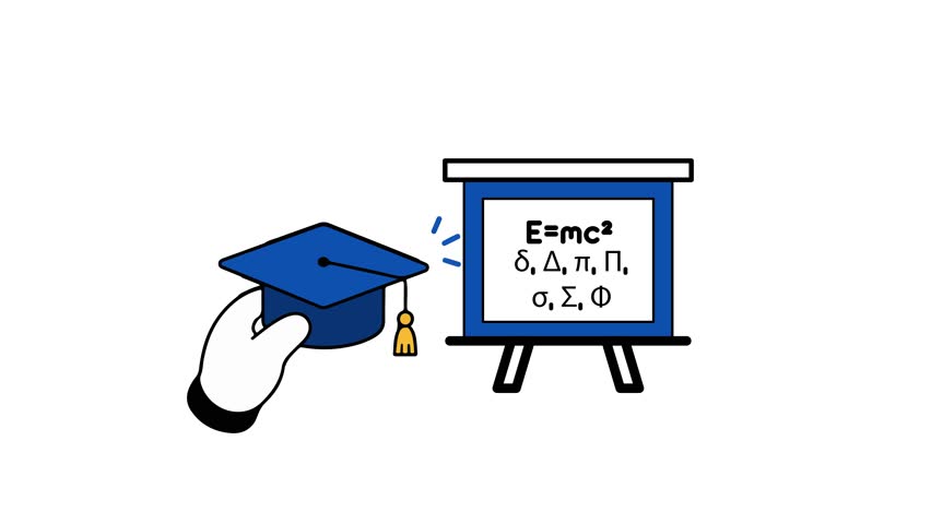 Hand holding a blue mortarboard next to a whiteboard featuring physics formulas and mathematical symbols 2D animation