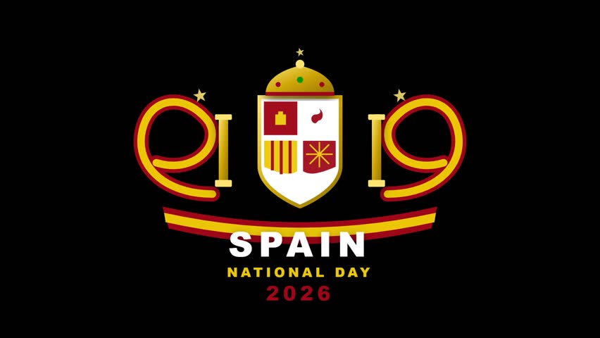 Spain national day animated emblem with coat of arms. A golden and red animated crest featuring the Spanish coat of arms and celebratory text. Elegant design on a black background. Ideal for Spanish cultural events and holiday promotions.