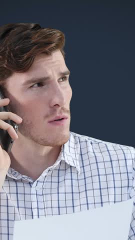 Animation of man talking on smartphone with stack of boxes on blue background. global shipping and technology concept digitally generated video.