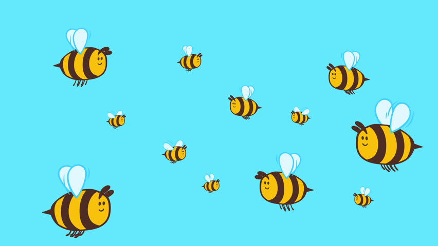 Swarm of cute cartoon bees flying on blue sky background 2D animation loop. Motion graphic for child game or movie.