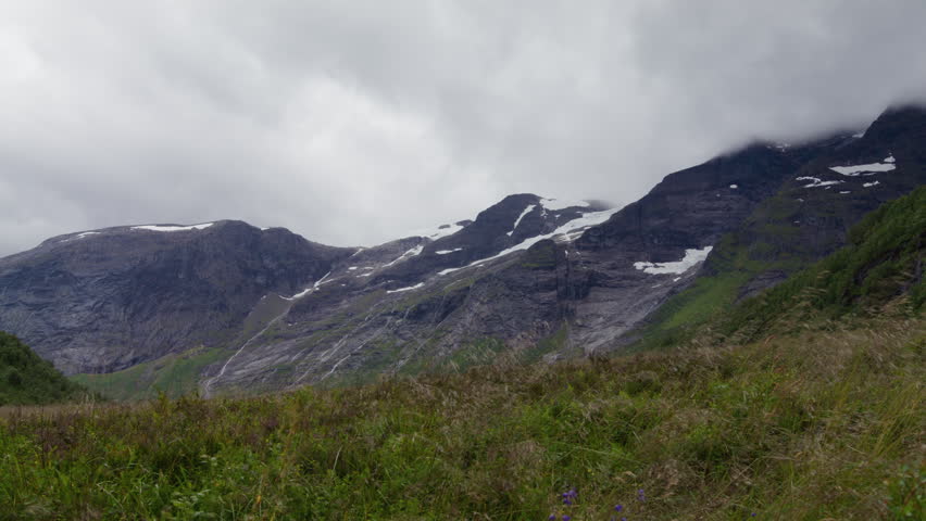 Wild meadow grasses sway beneath snow-streaked rocky cliffs in an overcast Norwegian fjord valley.