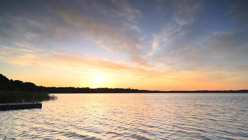 Sunrise over the lake, forest, sunrise sky