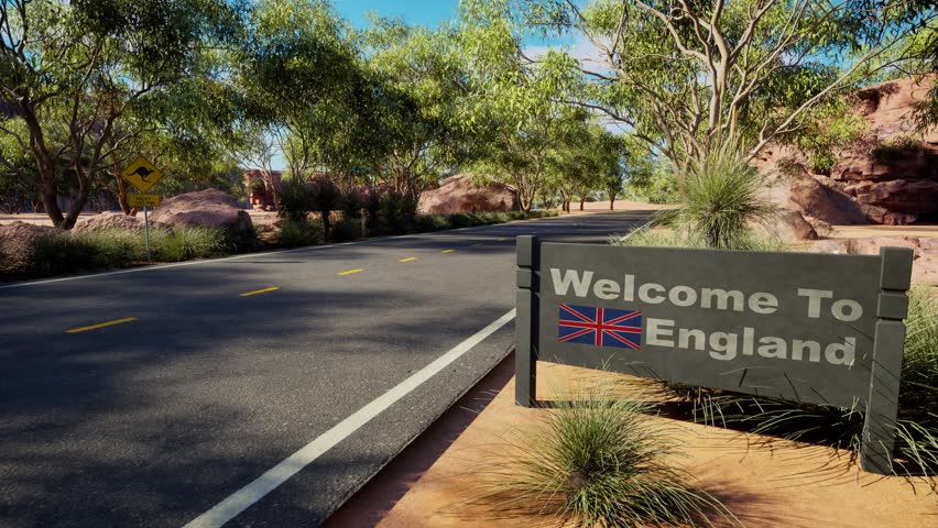 Welcome to England road sign on sunny rural highway. British border crossing entrance. Countryside asphalt road with green trees.