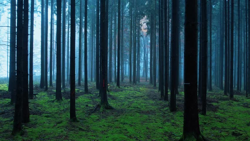 Mysterious foggy pine forest with vibrant green moss carpet on the ground. Tall dark tree trunks standing in misty blue atmosphere during early morning. Peaceful nature scenery.