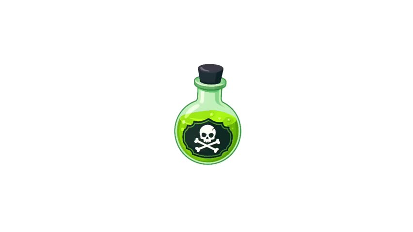 Animated Green Poison Potion Bottle with Skull Symbol on White Background, Suitable for Halloween, Horror, Danger, Toxicity, Fantasy Games, Mystery, and Spooky Animated Content