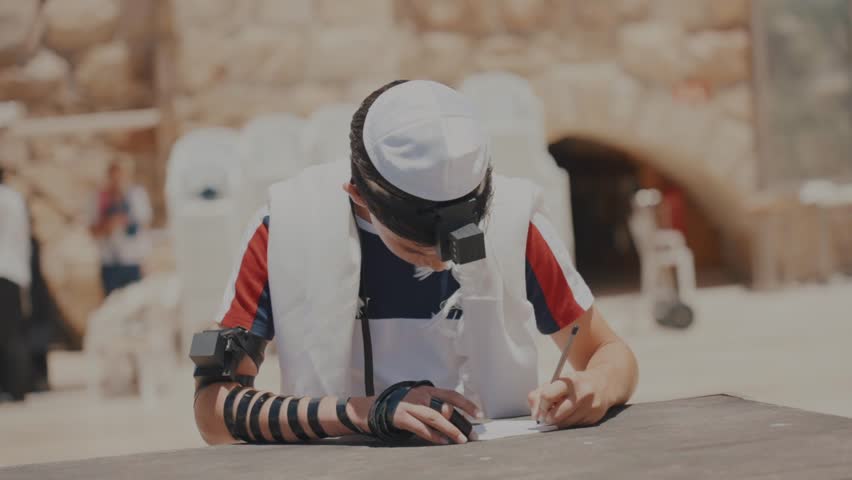 Young jewish boy with tefillin writing on paper at the western wall, wearing a kippah and a prayer shawl in jerusalem, israel, slow motion clip of cultural tradition.