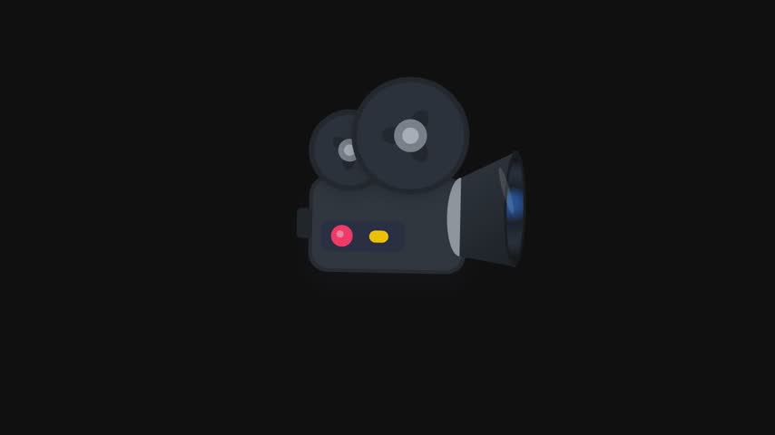 Vintage video camera icon showing film recording process with spinning reels. classic camcorder with blue light ray projecting from lens. motion graphic footage for film production or movie themed projects. old cinema equipment visual asset.