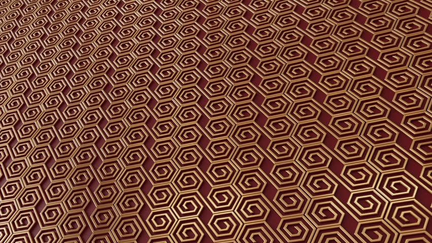 Geometric gold and red hexagon spiral pattern surface design background