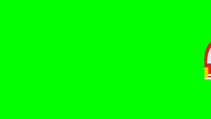 A simple animated illustration of a red fire truck with a siren moving from left to right against a solid green screen background.