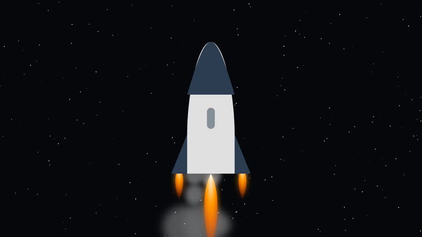 A stylized rocket ascends into the dark expanse of space, propelled by fiery exhaust flames, with distant stars twinkling.