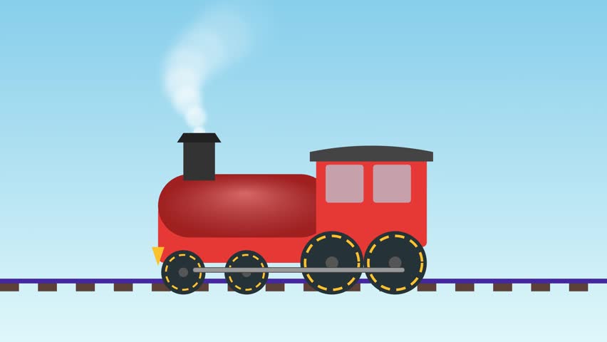 A simple cartoon illustration of a red steam train traveling on railway tracks, emitting smoke from its chimney against a blue sky.