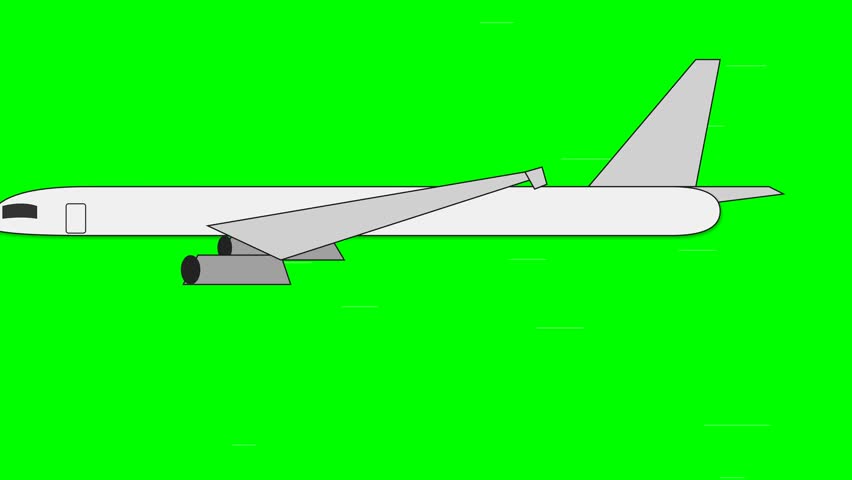 A minimalist flat vector illustration of a white commercial airplane flying against a solid bright green background, suitable for chroma keying.