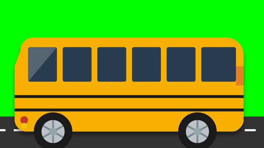 A flat design illustration of a yellow school bus driving on a road with a green screen background for easy compositing.