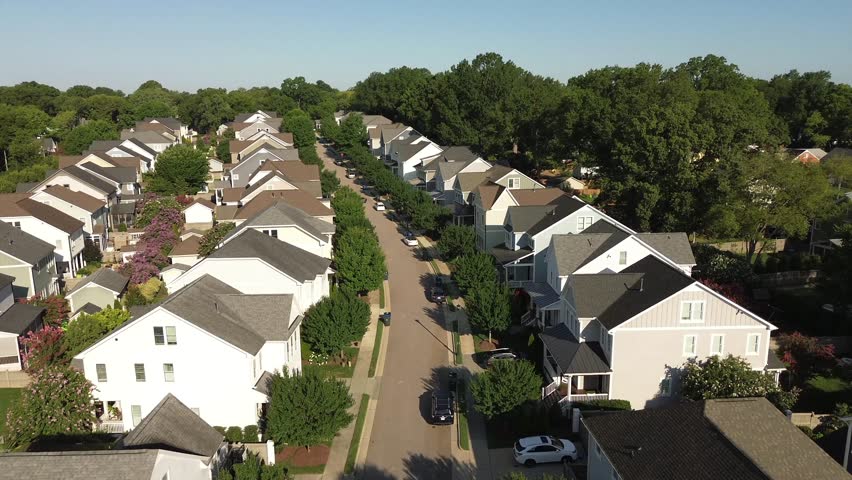 Aerial shot of new homes in a quiet Raleigh, North Carolina neighborhood
