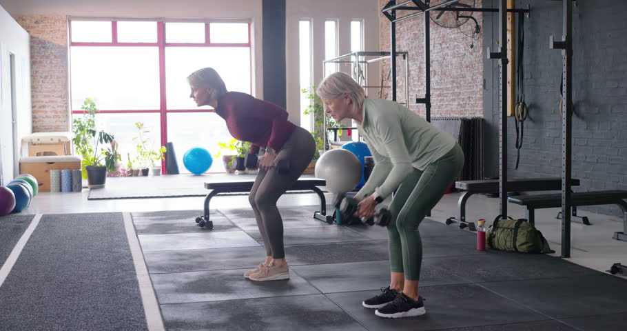 On cue female workout partners hinging and rowing dumbbells for strength in gym, high-fiving. Duo, fitness, studio, training, weights, bench, balls