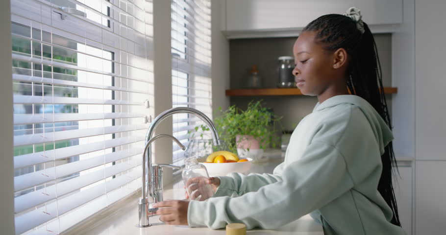 Teen African female turning tap, filling bottle, drinking, hydrating at kitchen sink, copy space. Hydration, water, reusable, minimalist, bright, natural, window