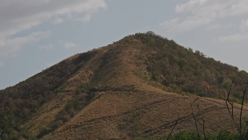 A drought affected mountain hillside in Puerto Rico is covered with extensive dry brown grass, sparse shrubs, and scattered patches of green vegetation. Warm tan and muted green tones spread across the slopes beneath a pale blue cloudy sky, showing a natural landscape visibly stressed by prolonged dry conditions and limited rainfall.