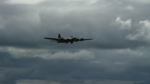 B17 Flying Fortress WWII bomber in flight.