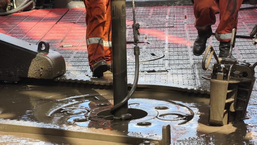 Rig crew perform pulling of of hole drill string with oil based mud on the rig floor. Trip out of hole.