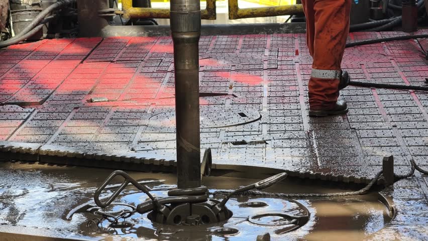 Rig crew perform pulling of of hole drill string with oil based mud on the rig floor. Trip out of hole.
