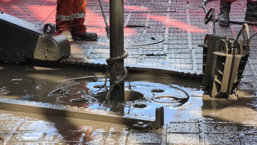 Rig crew perform pulling of of hole drill string with oil based mud on the rig floor. Trip out of hole.