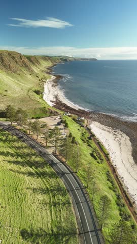 Main South Road, Normanville, South Australia – 4K Vertical Aerial Drone Footage of Coastal Highway with Norfolk Island Pines, Rocky Beach, Rolling Green Hills near HMAS Hobart Memorial Lookout
