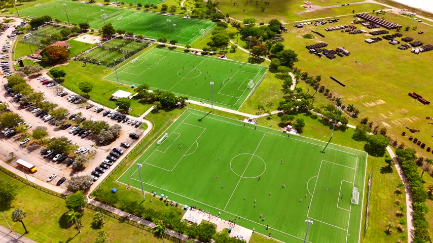 Aerial static clip soccer fields in Miami Florida USA