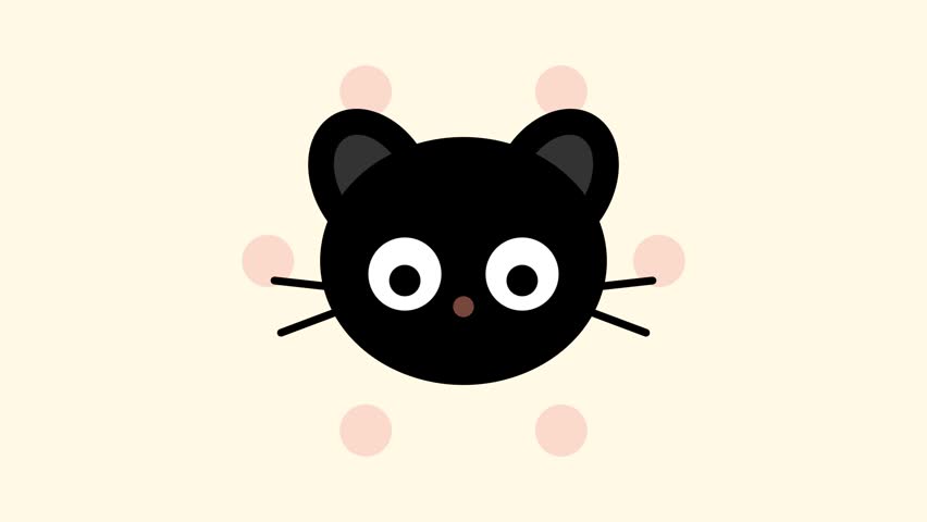 A charming animated black cat head with big eyes and floating soft circles on a light cream background perfect for fun and playful designs.