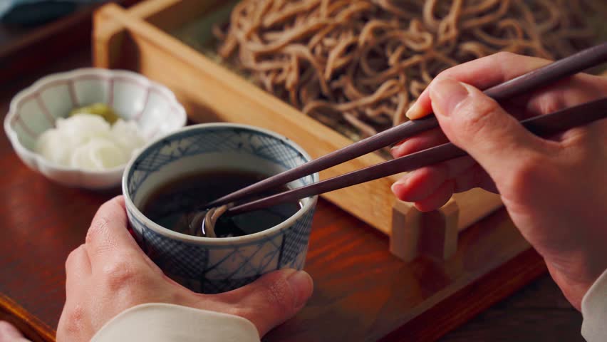 Cold Soba Noodles on Bamboo Tray with Dipping Sauce