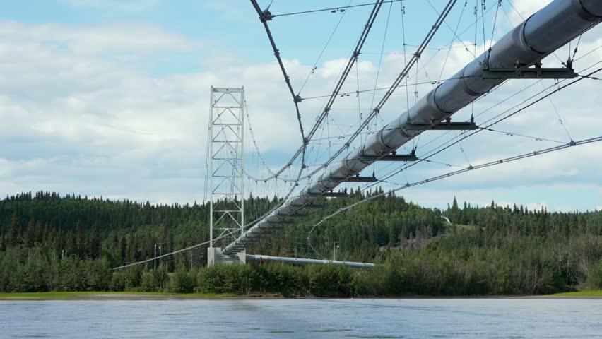 Trans Alaska Pipeline System bridge spanning the Tanana River carrying oil in the wilderness