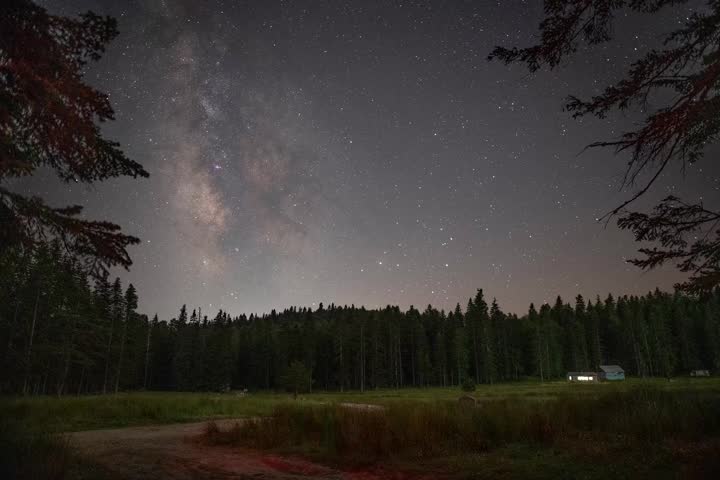 Cinematic Timelapse of Milky Way Galaxy Over Serene Forest Landscape - Night Sky Astrophotography Stock Footage