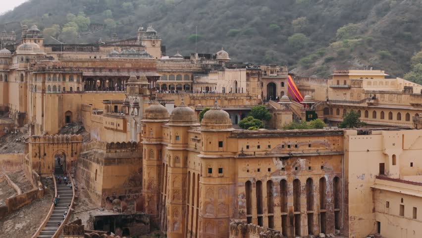 Aerial view of amber fort, a unesco world heritage site and famous tourist destination in jaipur, india.