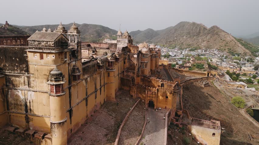 Aerial view of the historical amer fort and palace with its massive ramparts in jaipur, india.