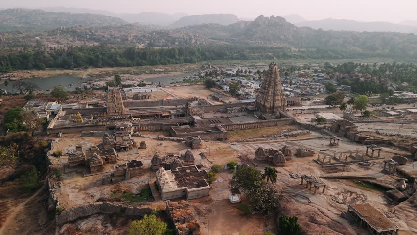 Hampi virupaksha temple and ancient ruins in karnataka, india a unesco world heritage site.