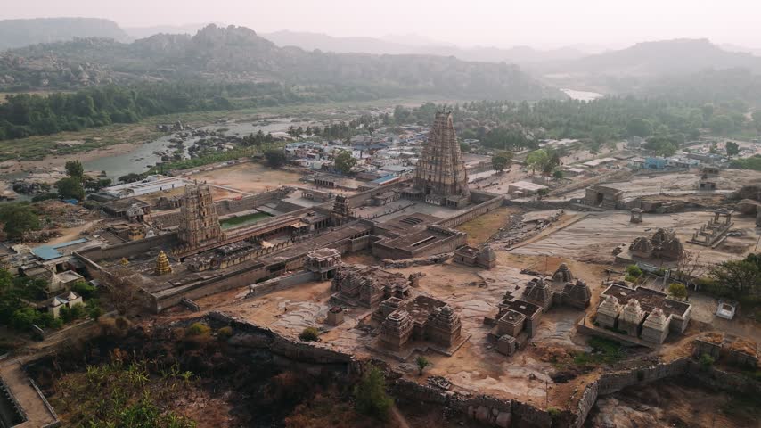 Aerial view of the virupaksha temple and ancient ruins of hampi, a unesco world heritage site in india.