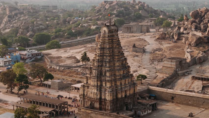 Aerial view of virupaksha temple and landscape at hampi, india, a unesco world heritage site.