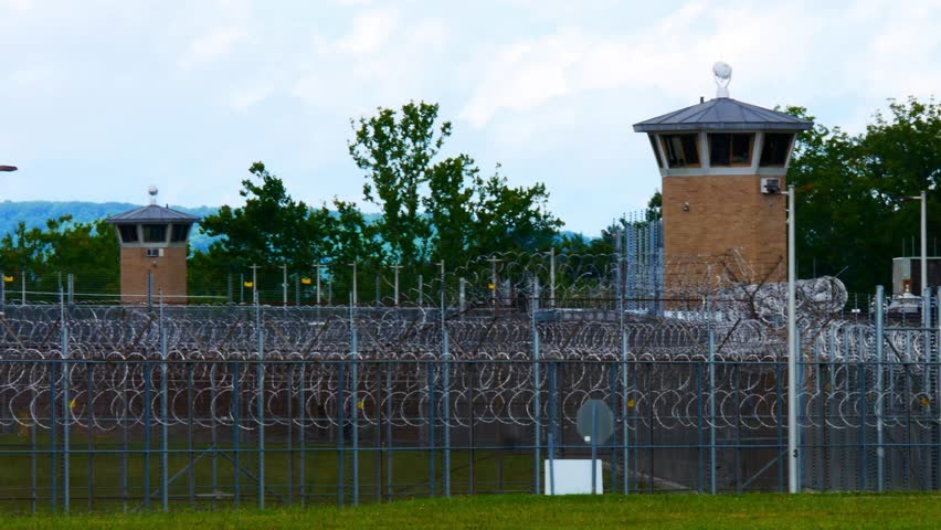 Southern Ohio Correctional Institute, maximum security prison in Lucasville, Ohio, guard tower and razor-wire fence.