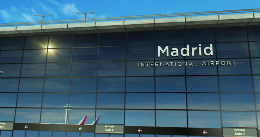 Madrid airplane landing. Jet plane airliner travel to Spain and terminal airport arrival.