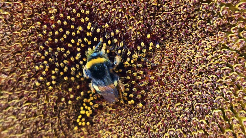 Extreme macro close-up of a bumblebee collecting nectar and pollen on a mature sunflower head filled with developing seeds.