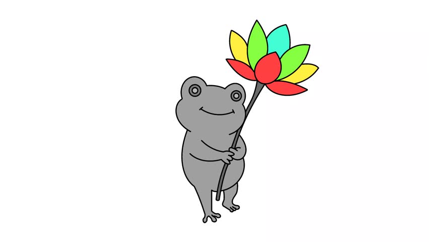 Cute cartoon frog holding a colorful lotus flower, 2D vector illustration isolated on white background