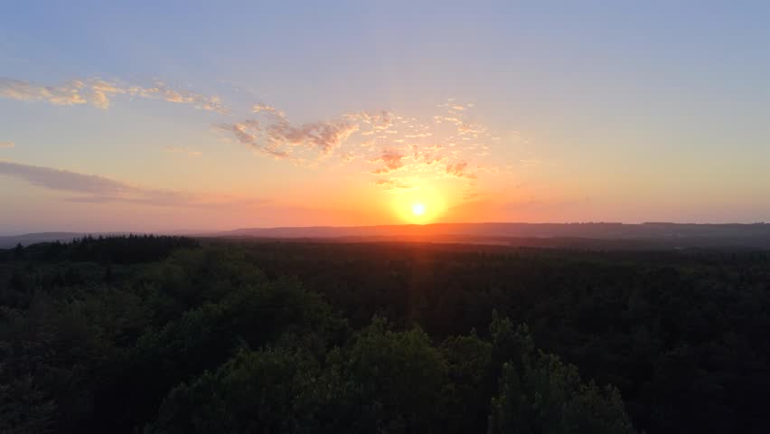 Pedestal shot over dark forest at glowing sunset with orange sky and horizon