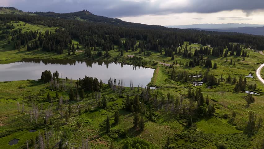 Drone Shot of Small Lake in Landscape of Rocky Mountain, Rabbit Ears Pass, Colorado USA